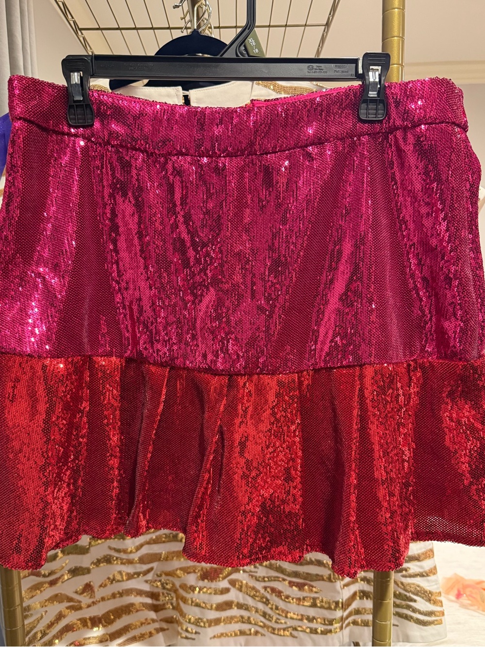 QUEEN OF SPARKLES Pink & Red Sequin Colorblock Mini Skirt